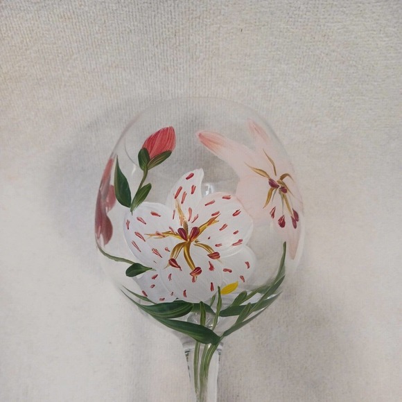 9" Goblet HAND PAINTED WINE GLASS Tropical Asian Lilly Flowers - Picture 9 of 14